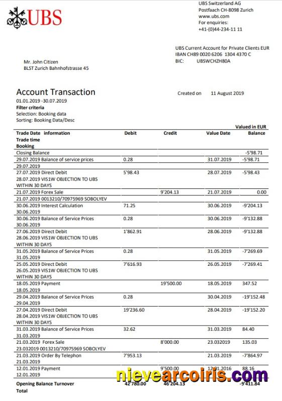 Switzerland UBS bank proof of address statement in Word and PDF format, version 1